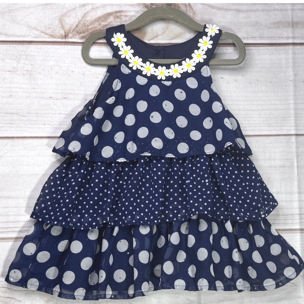Little Lass Girls Navy Blue Polka Dot Daisy Tiered Glittery Ruffle Dress Size 6